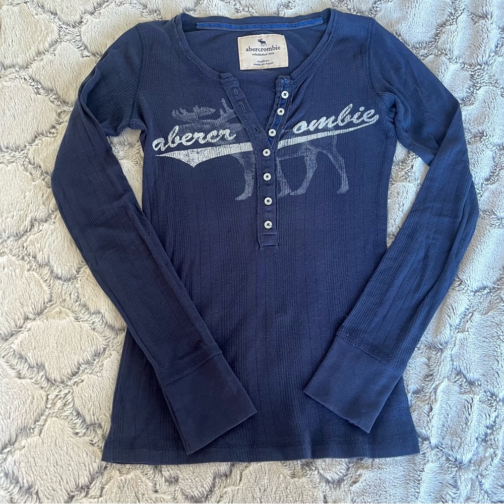 Y2K Abercrombie & Fitch Henley Navy Long Sleeve Tee Top Cotton Vintage